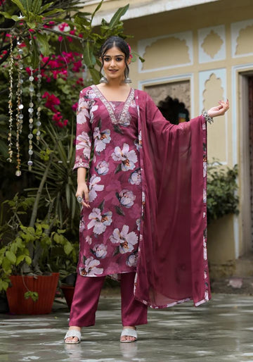 Varanga V-Neck Mirror & Sequins Embellished Kurta With Bottom & Chiffon Dupatta